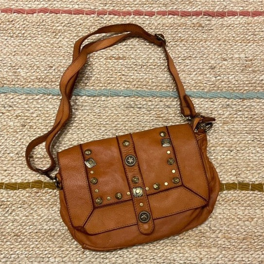 Leather Studded Shoulder Bag - Camel