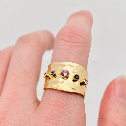 Colored Zircon Battered Gold Wide Ring