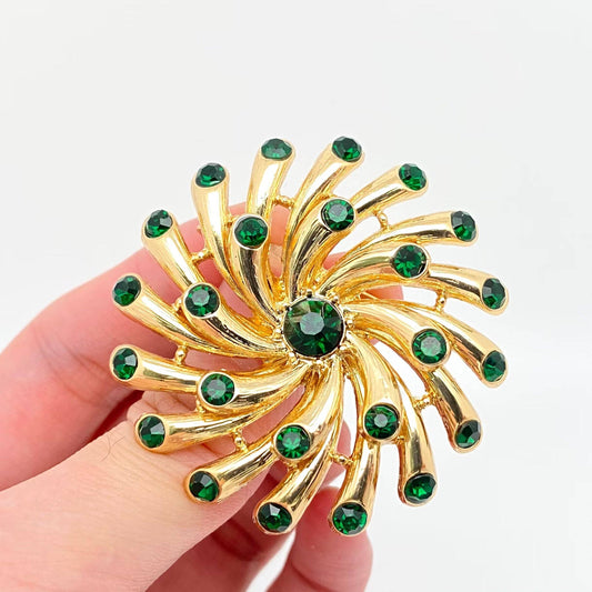 Green Rhinestone Hollow Flower Shape Brooch