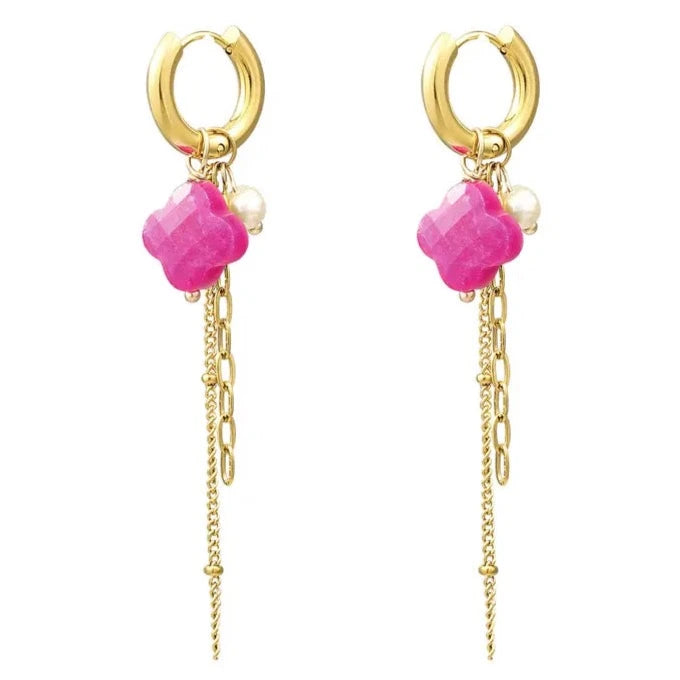 Clover Chain Drop Earrings - Fuchia