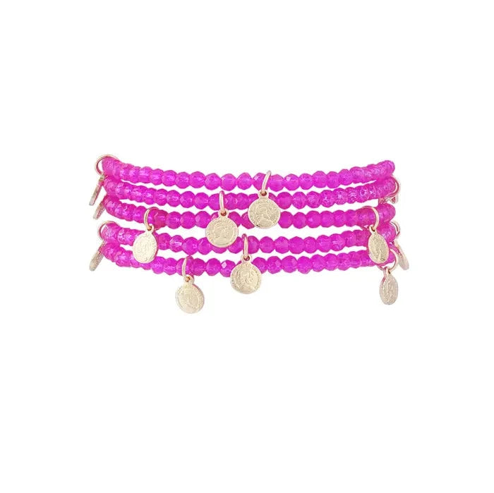 Fuchsia Bead Bracelet with Gold Coins