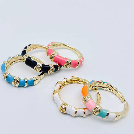 Green Enamel Gold Plated Adjustable Ring with Inlaid Cubic Zirconia