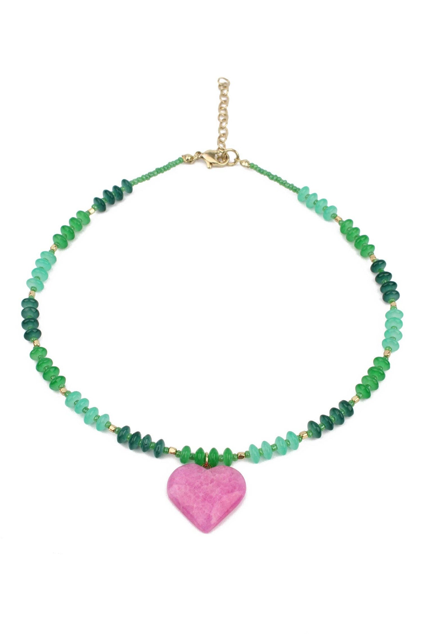 GREEN GLASS BEADED NECKLACE WITH PINK HEART CHARM