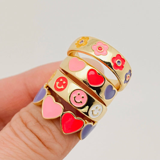 Enamel Flower Heart-shaped Ring