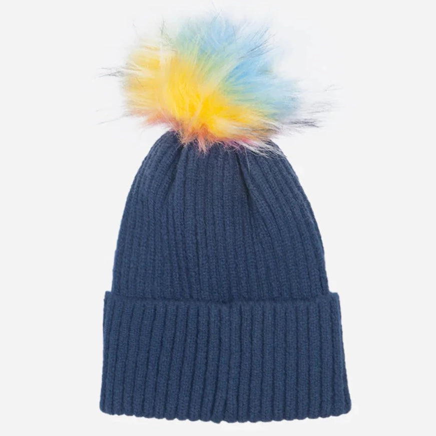 Navy PomPom Hat with Rainbow PomPom