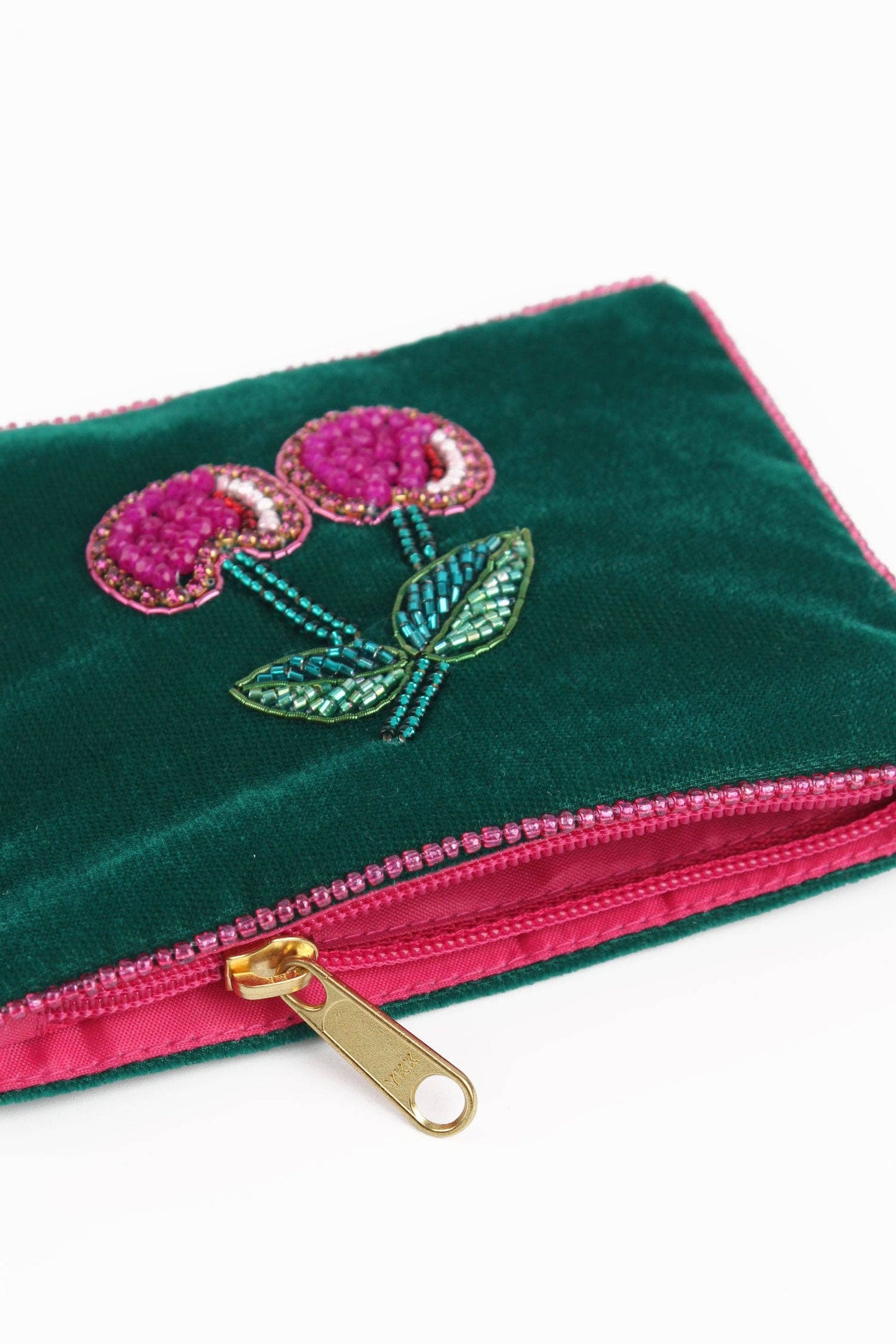 Small Green Velvet Pouch - Beaded Cherrys