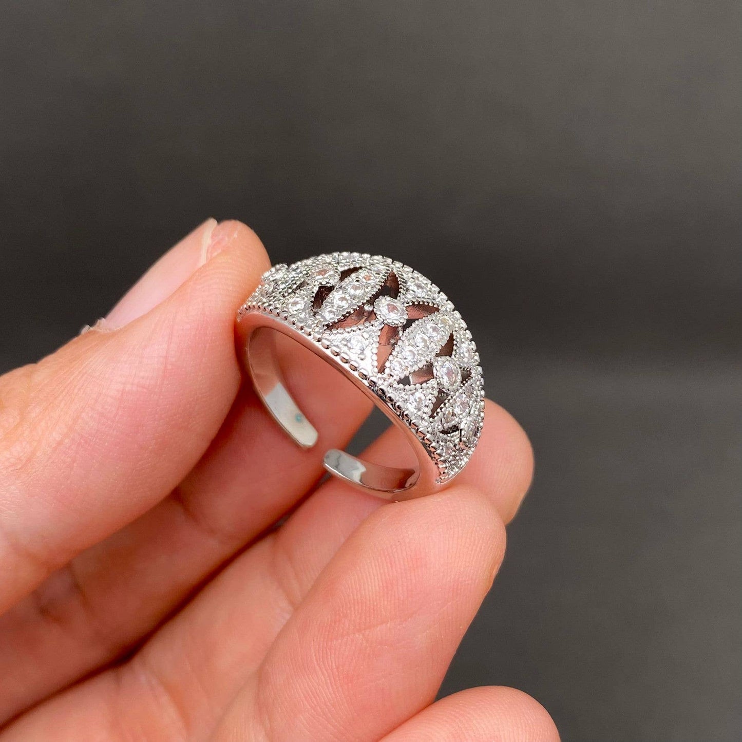 Rhinestone Inlaid Hollow Silver Tone Ring