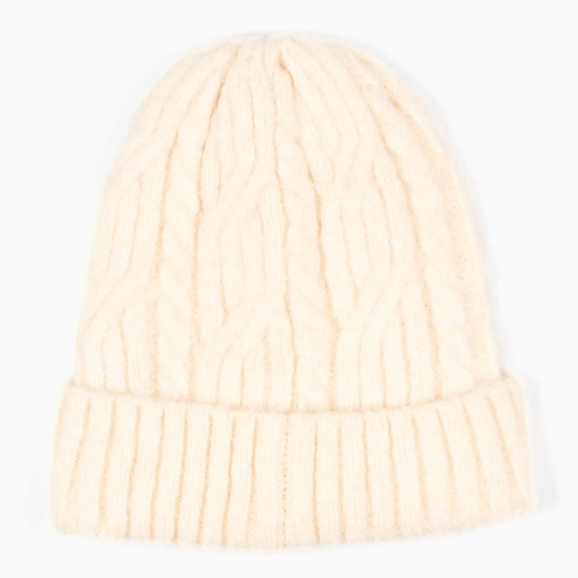 Beanie Hat - Cream, Cable Knit
