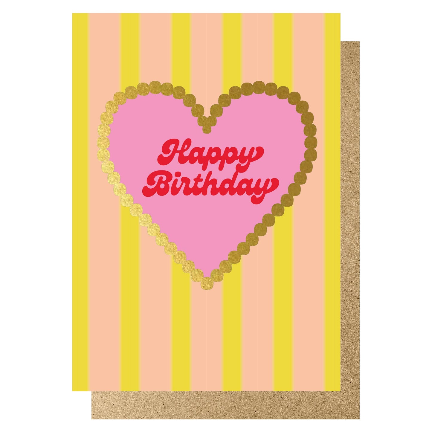 Happy Birthday peach & yellow stripe gold heart card