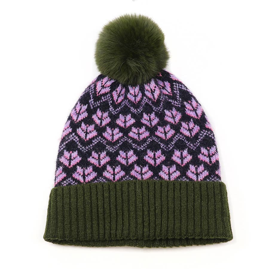 Recycled Blend Geen,lilac Mix Scandi Flower Bobble Hat
