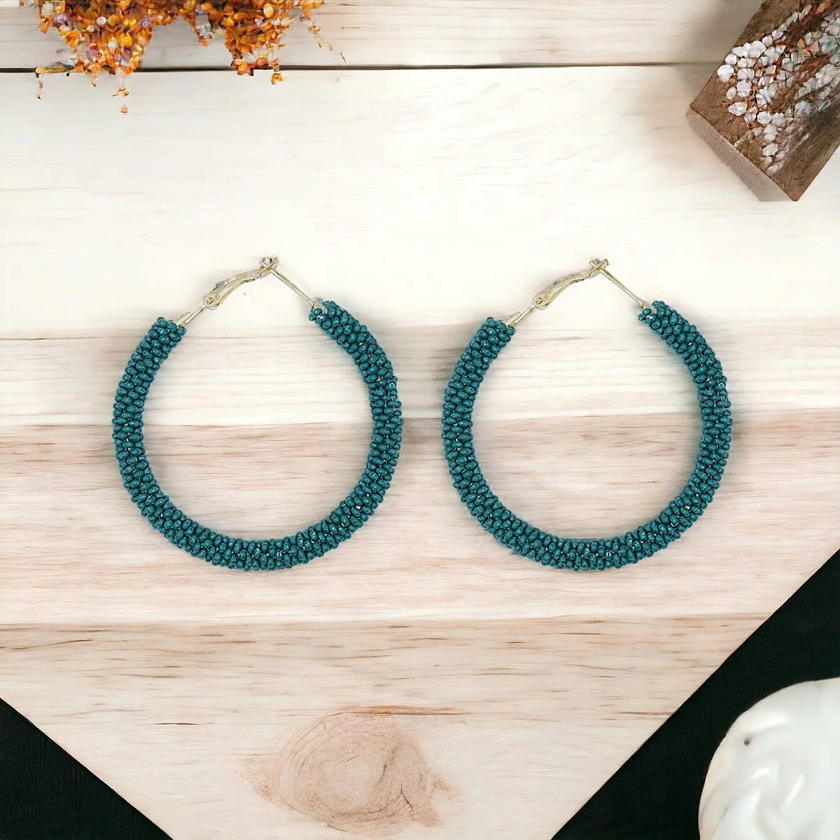 Beaded Hoops - Petrol