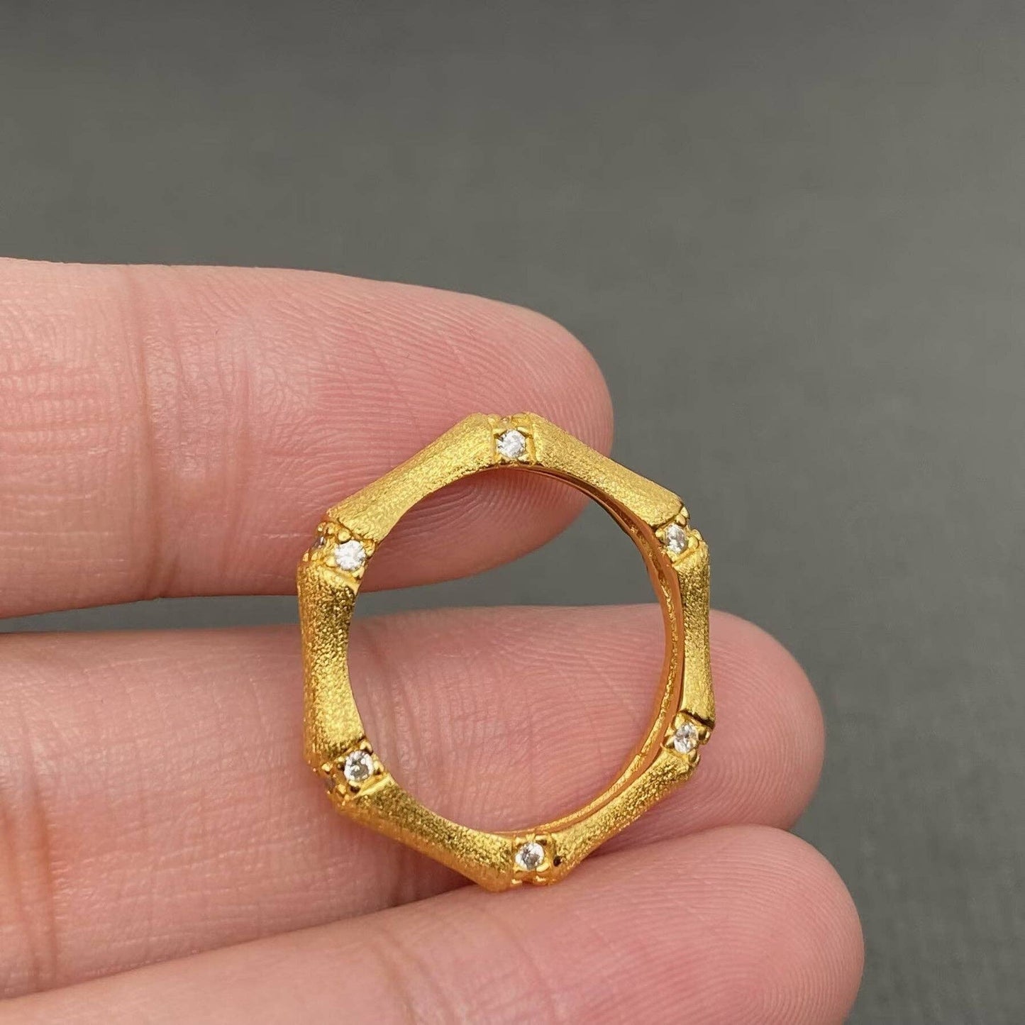 Matt Silver Rhinestone Inlaid Bamboo Ring
