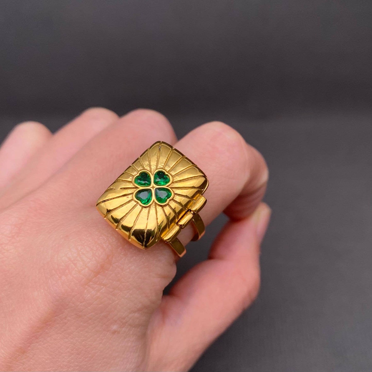 Adjustable Lucky Clover Locket Ring