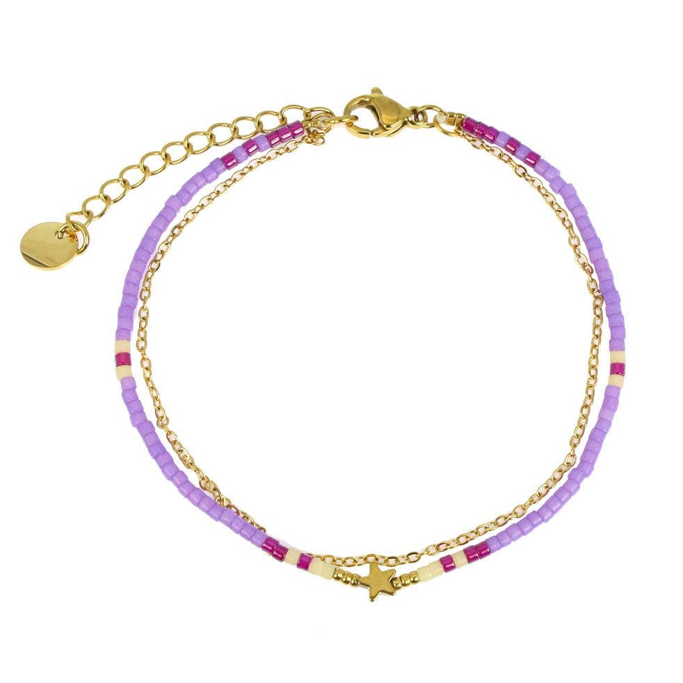 Double Beaded and Chain Bracelet with Star - Purple