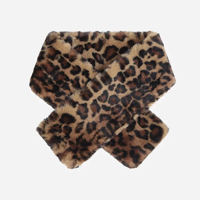 A brown leopard print faux fur scarf with a tuck-through style.