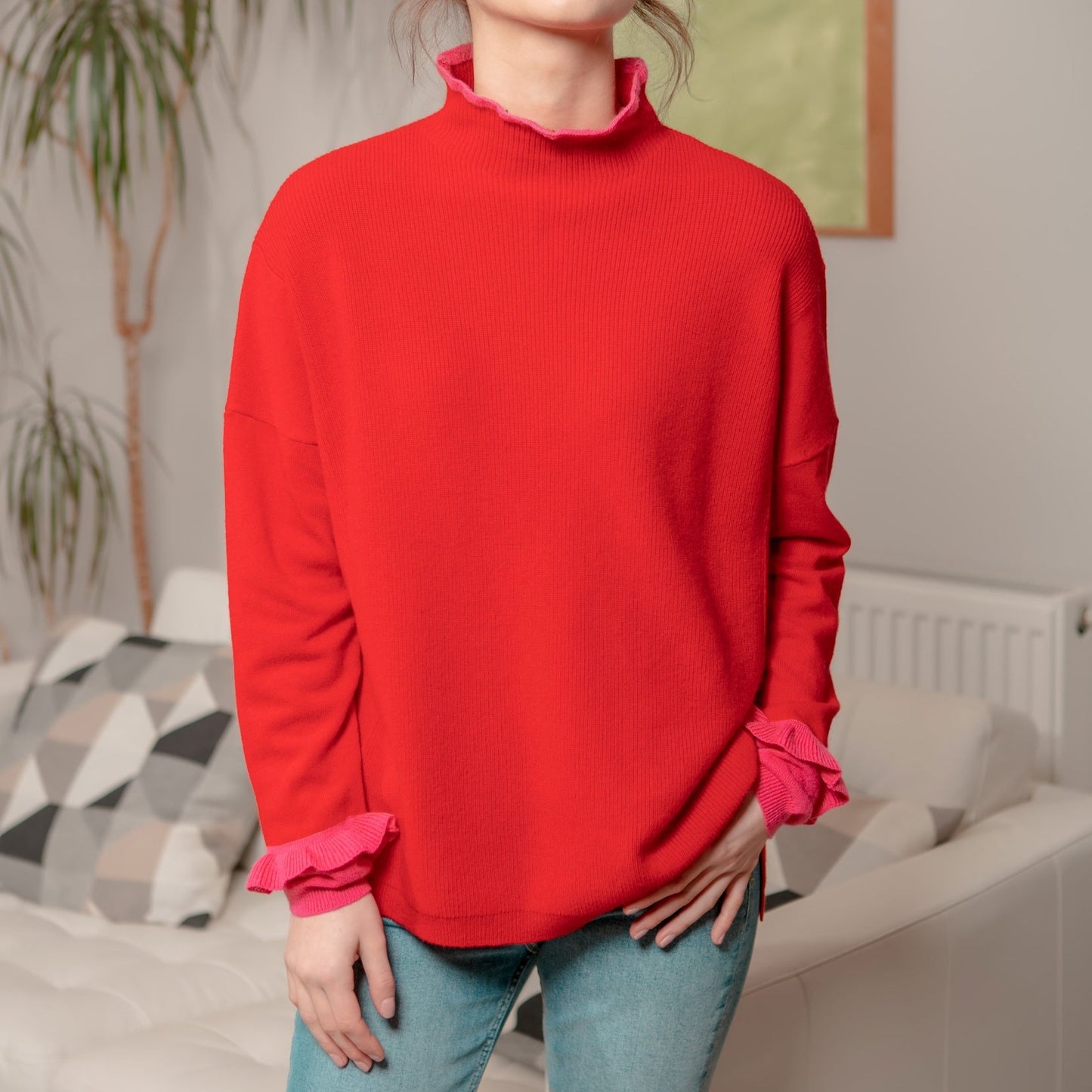 Jersey con mangas con volantes en rojo y rosa