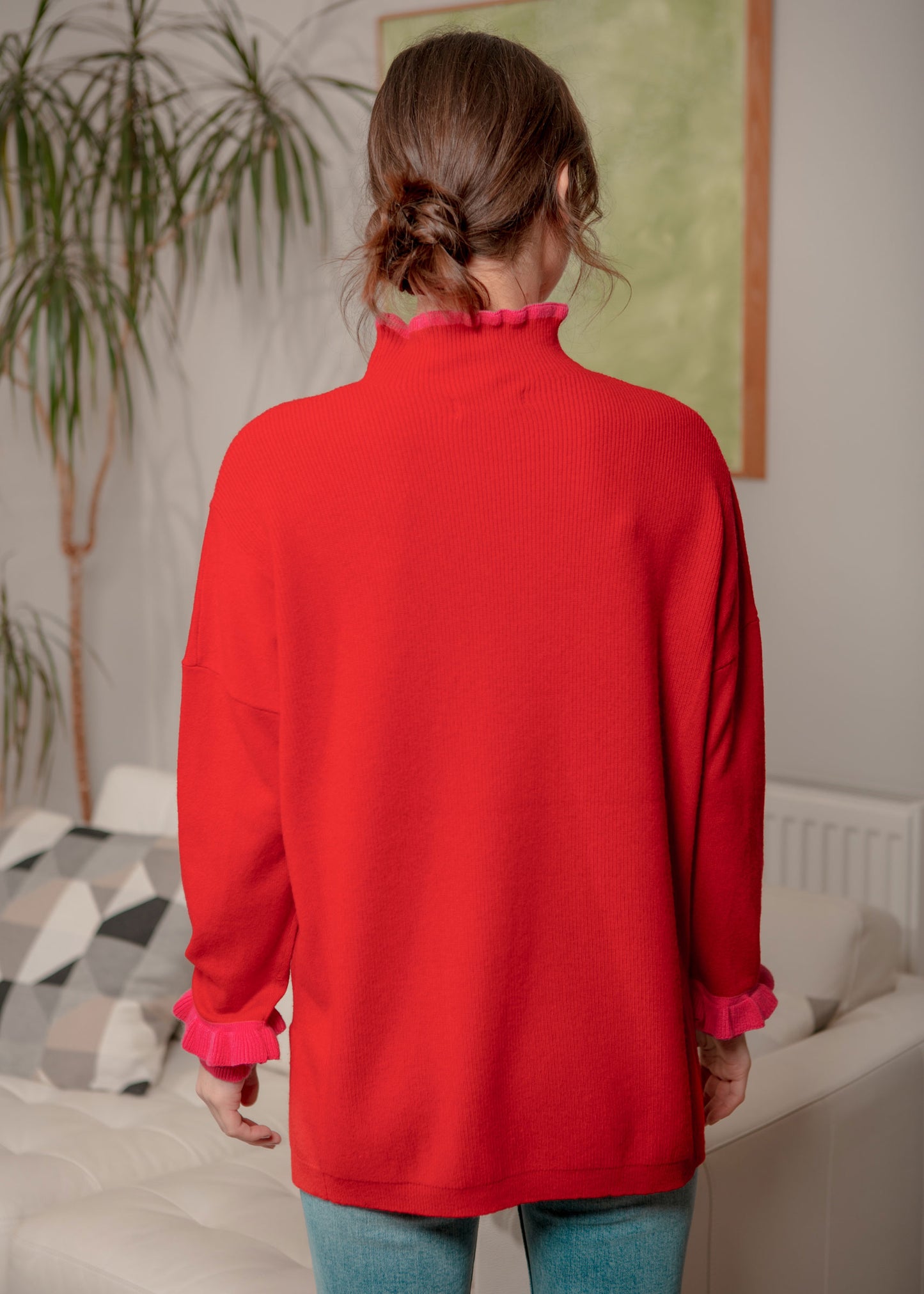 Jersey con mangas con volantes en rojo y rosa