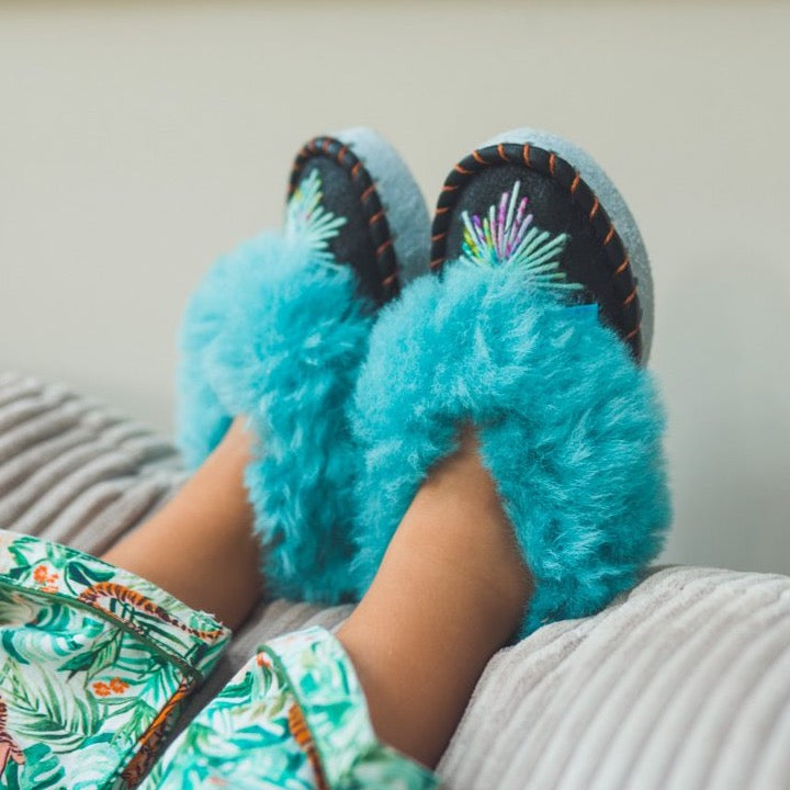 Chaussons pour enfants - Fourrure turquoise