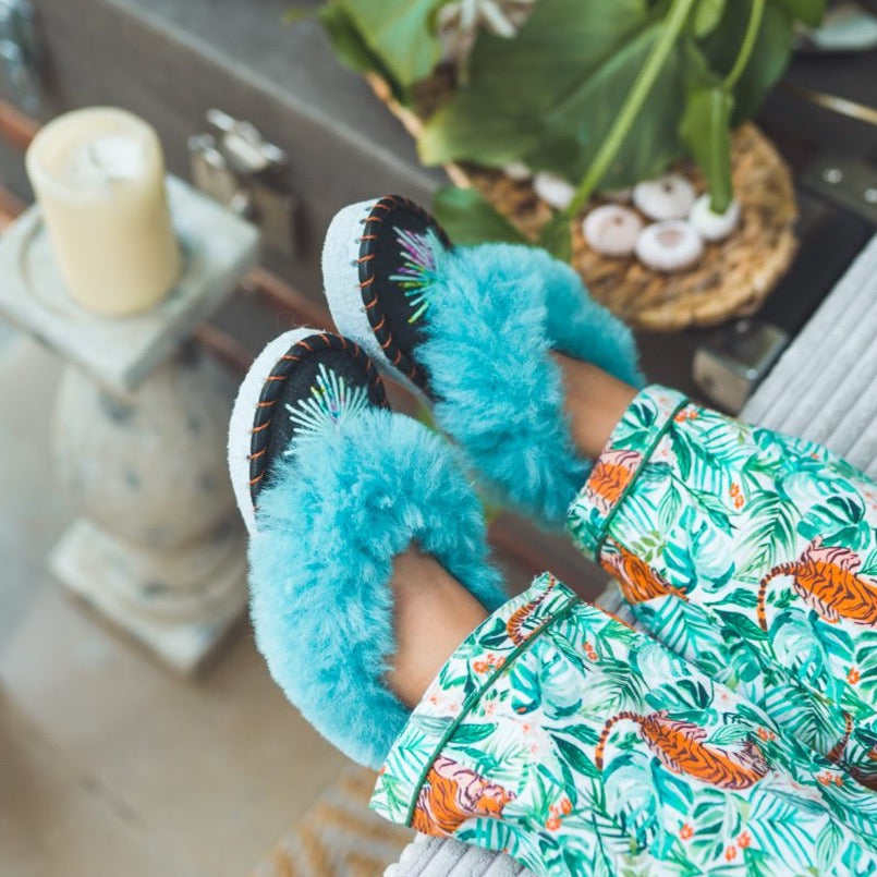 Chaussons pour enfants - Fourrure turquoise