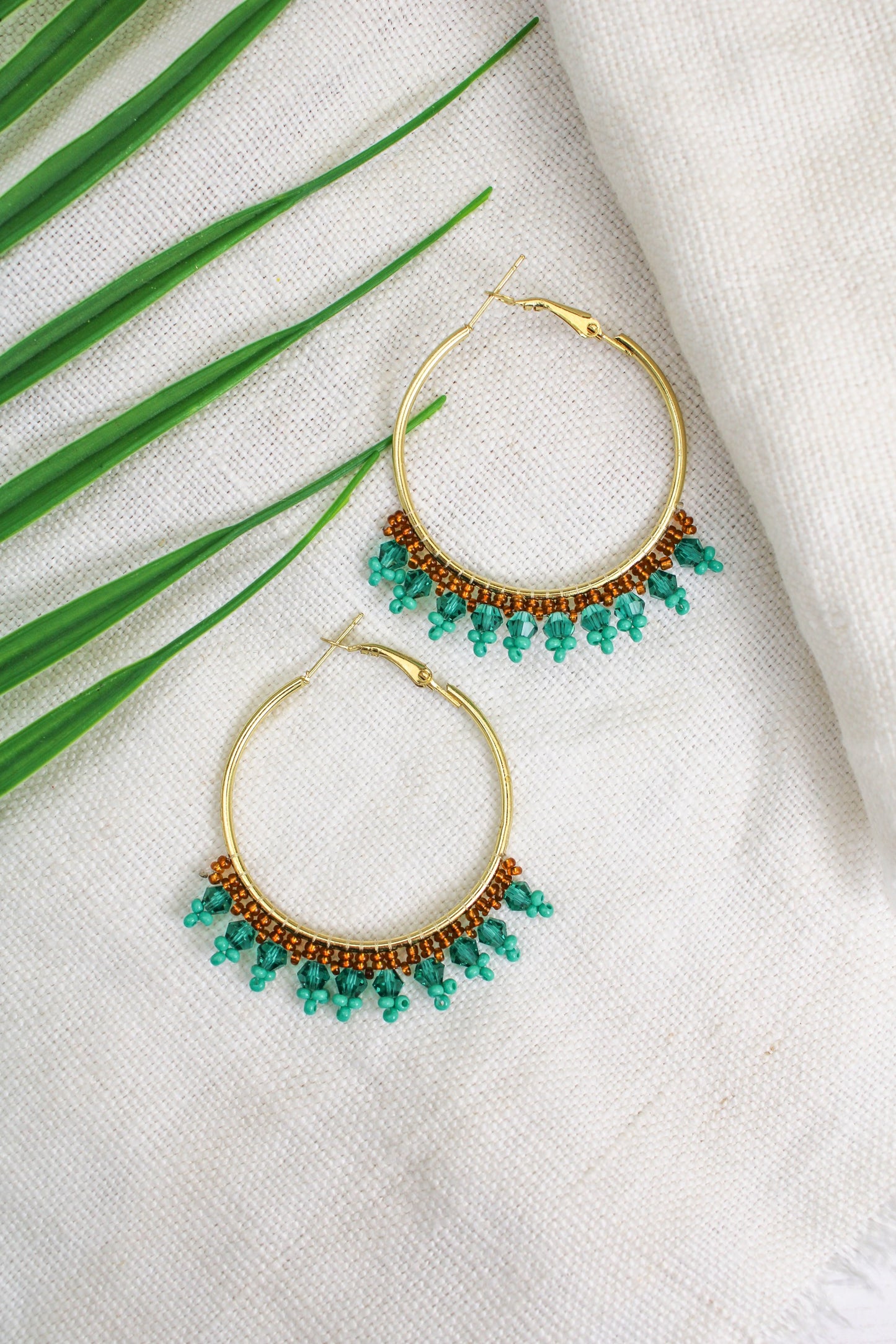 Medium Green and Turquoise Beaded Hoops