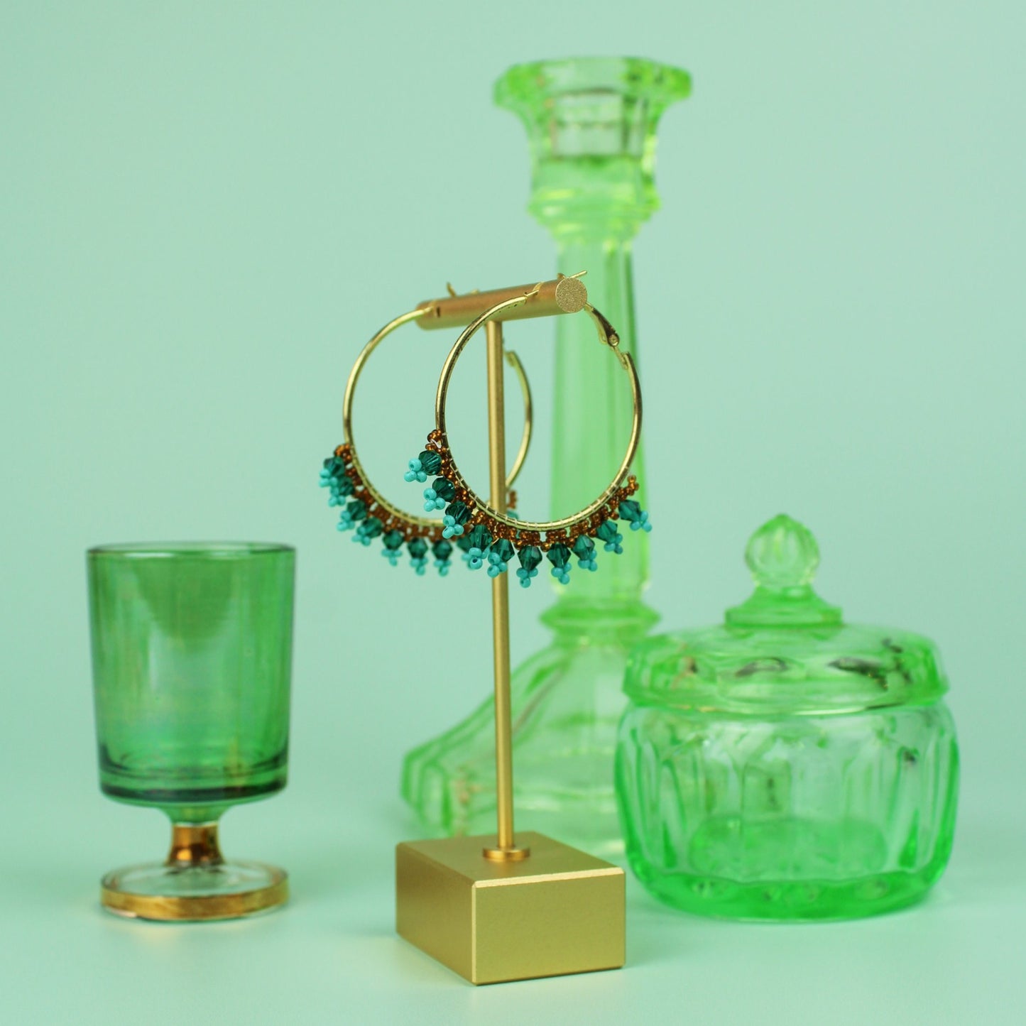 Medium Green and Turquoise Beaded Hoops