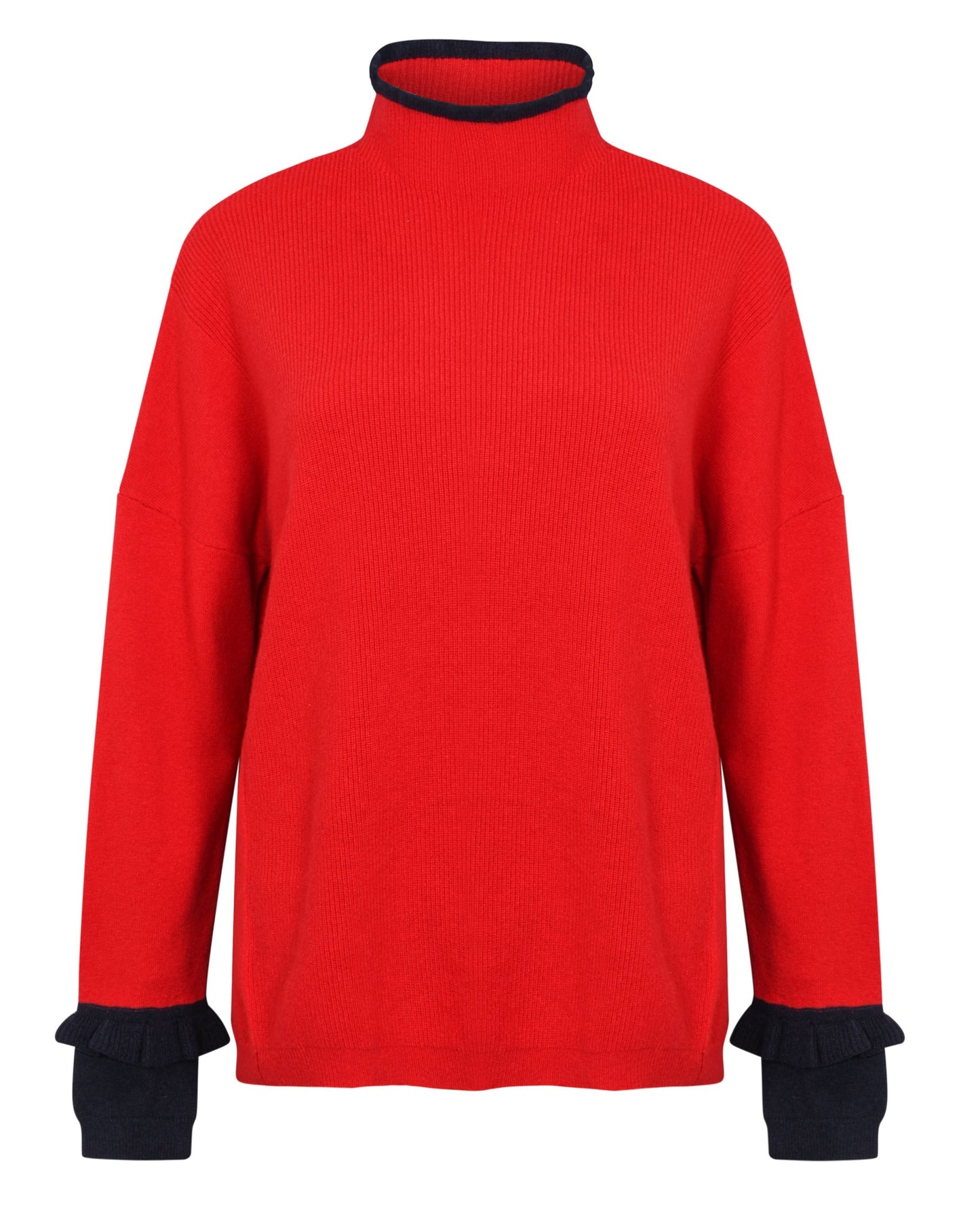 Pull à manches volantées rouge et bleu marine
