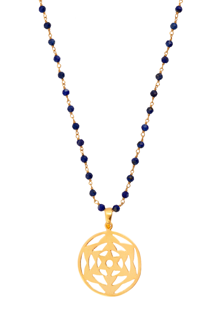 Flower cut Disc Necklace - Lapis chain