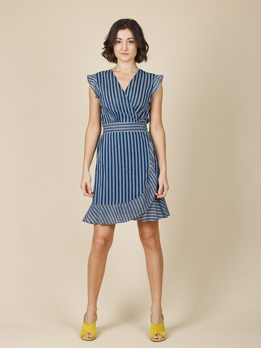 Blue and White cotton striped wrap dress