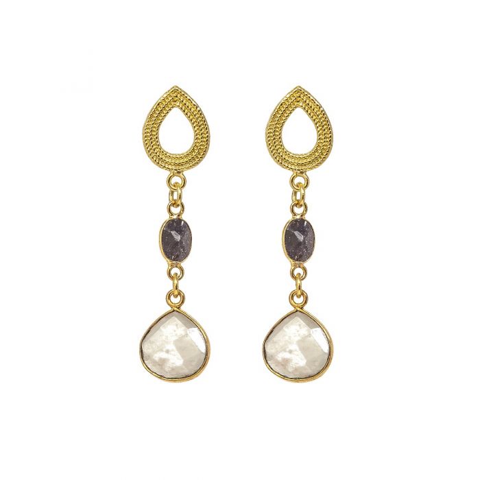 Triple drop Navy Sunstone & Grey Moonstone earrings