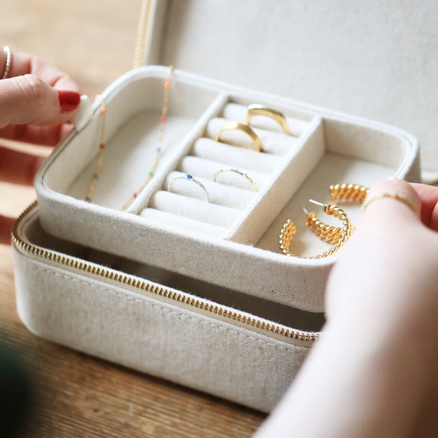 Rectangular natural linen travel jewellery case