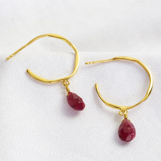 Garnet drop hoop Earrings - January birthstone