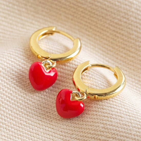 Red Enamel Heart Huggie Hoops