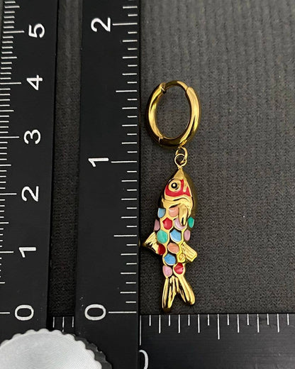 Vibrant enamel fish huggie earrings - showing size