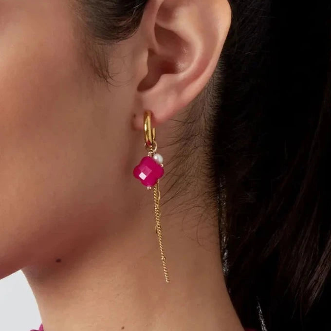 Clover Chain Drop Earrings - Fuchia