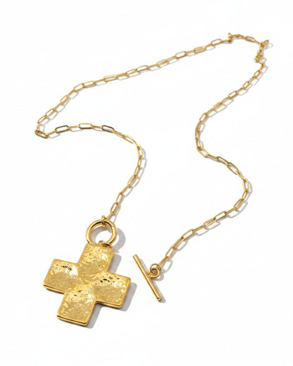 Hammer Patterned Cross 18K Golden S.Steel Necklace - FGS