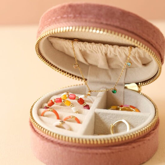 Pink Velvet Round Travel Jewellery Case