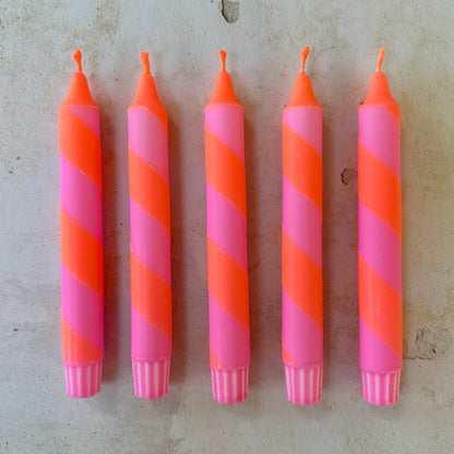 Neon Orange & Pink Spiral Twist Hand Dipped Dinner Candles 