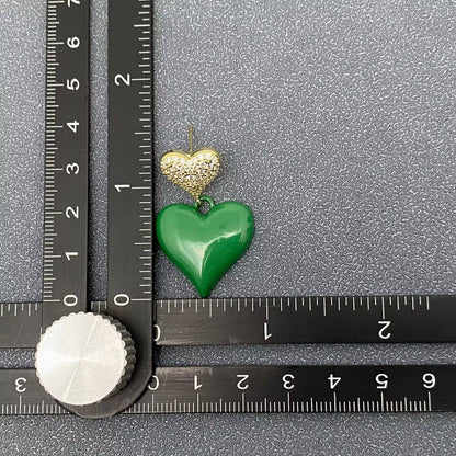 Enamel Green Heart Charm Post Earrings