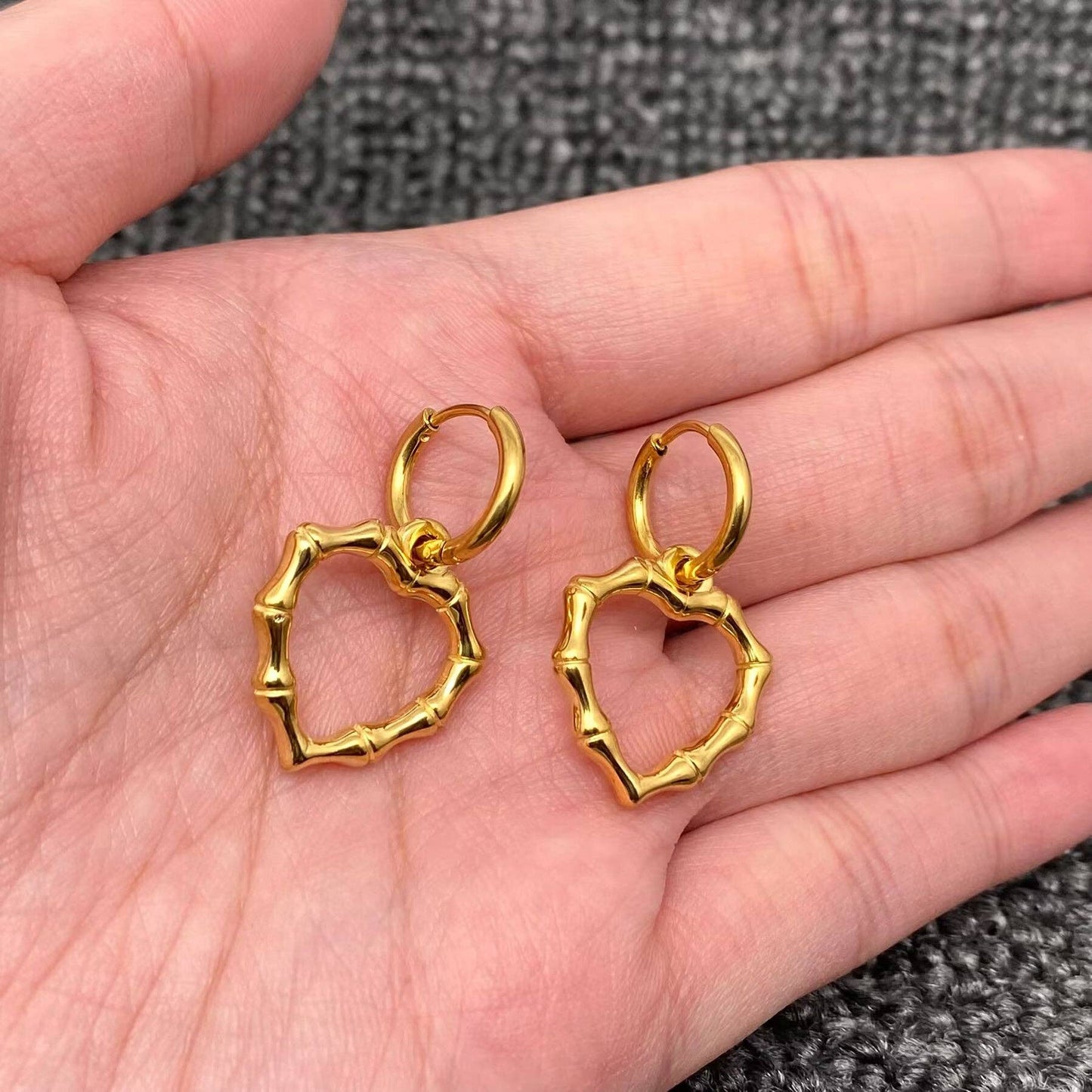 Hollow Bamboo Heart Huggie Earrings