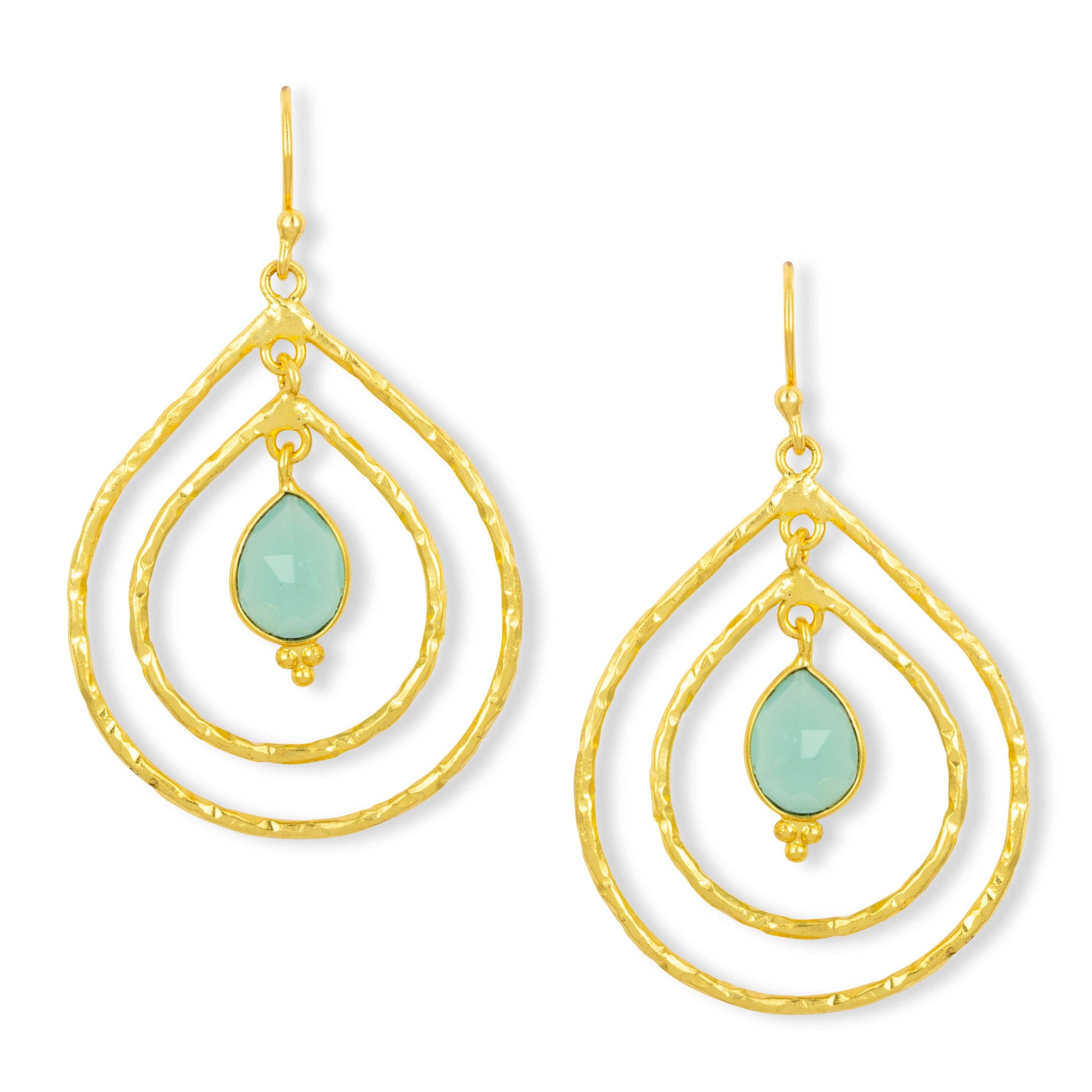 Gold double hoop earrings with Aqua Chaldelony semi precious teardrop stones on a white background