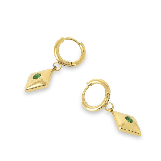 Gold hoop huggle earrings with green gemstone pendants on a white background