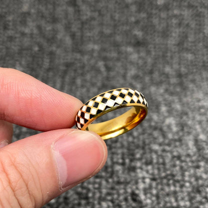 Enamel Black and White Grid 18K Gold Plated SS Ring - FGS: 7