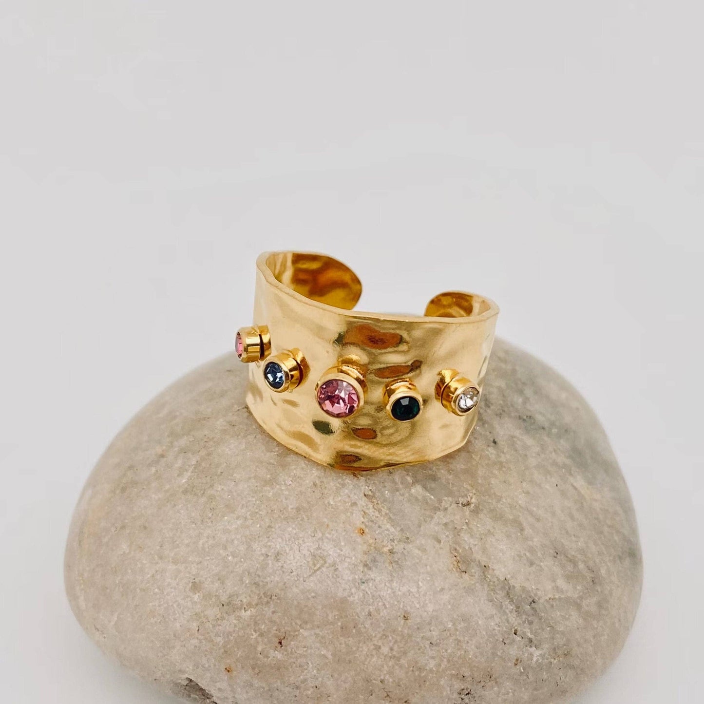 Colored Zircon Battered Gold Wide Ring