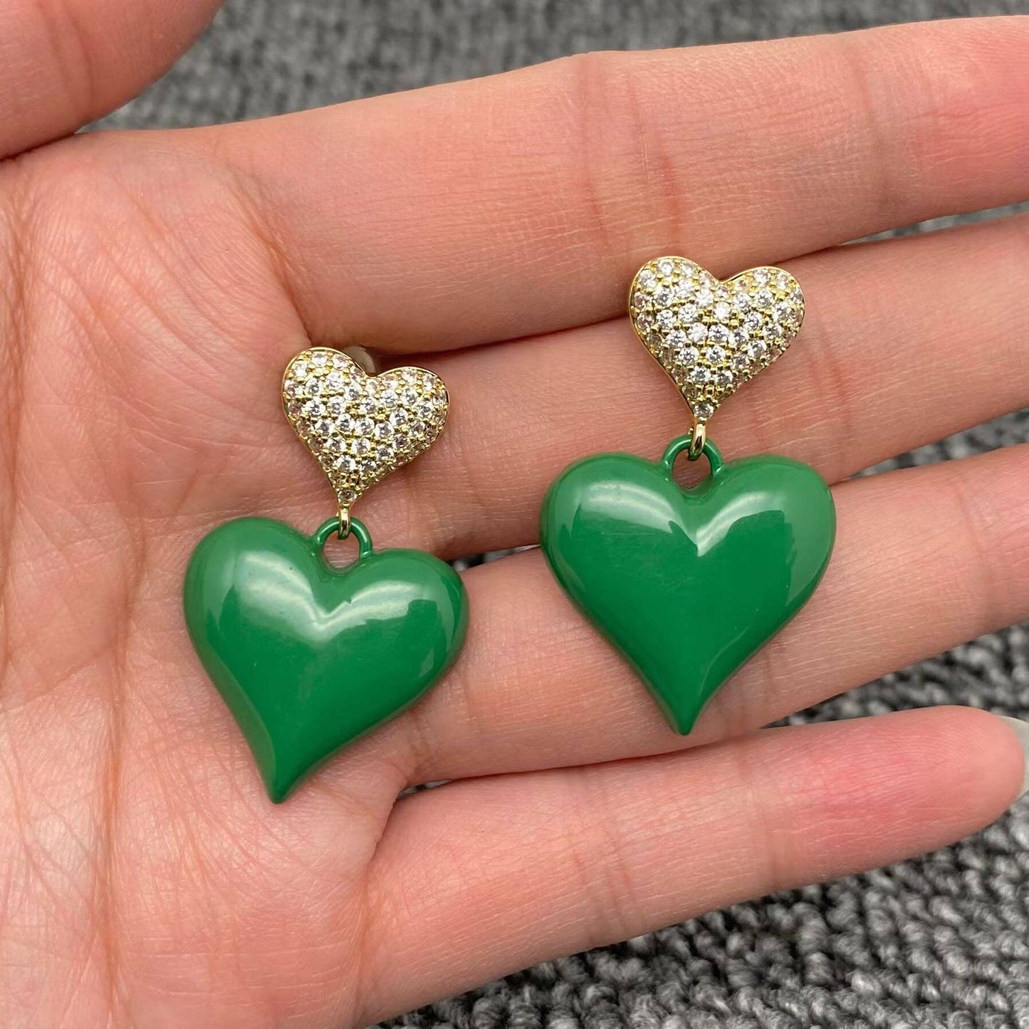 Enamel Green Heart Charm Post Earrings