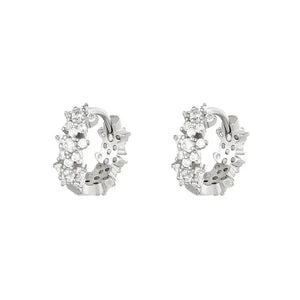 Delicate Diamanté Flower Hoops - Silver