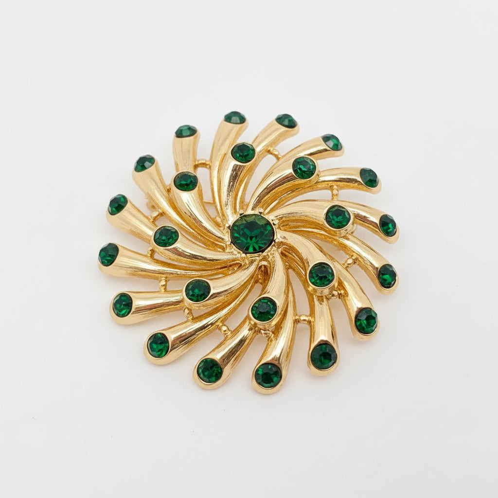 Green Rhinestone Hollow Flower Shape Brooch