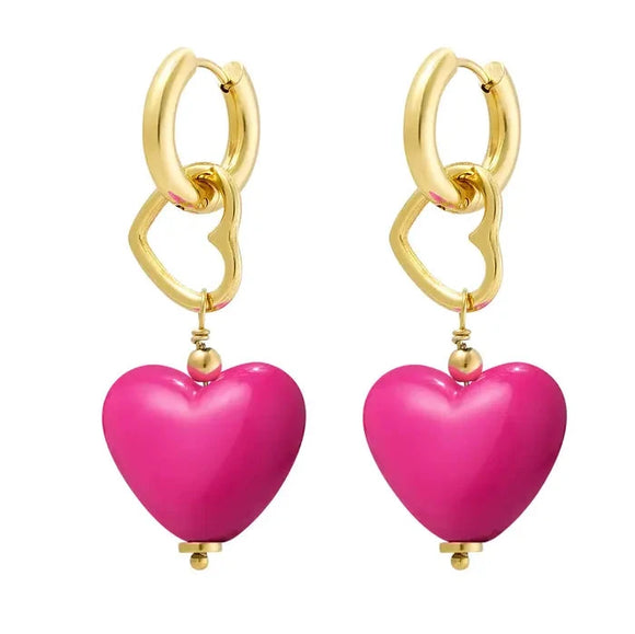 Double Hearts Earrings - Pink & Gold