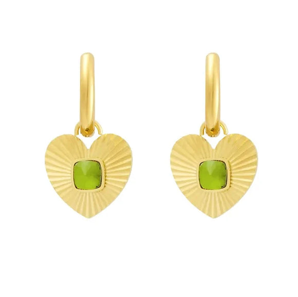 Gold Heart Earrings with Green Gem