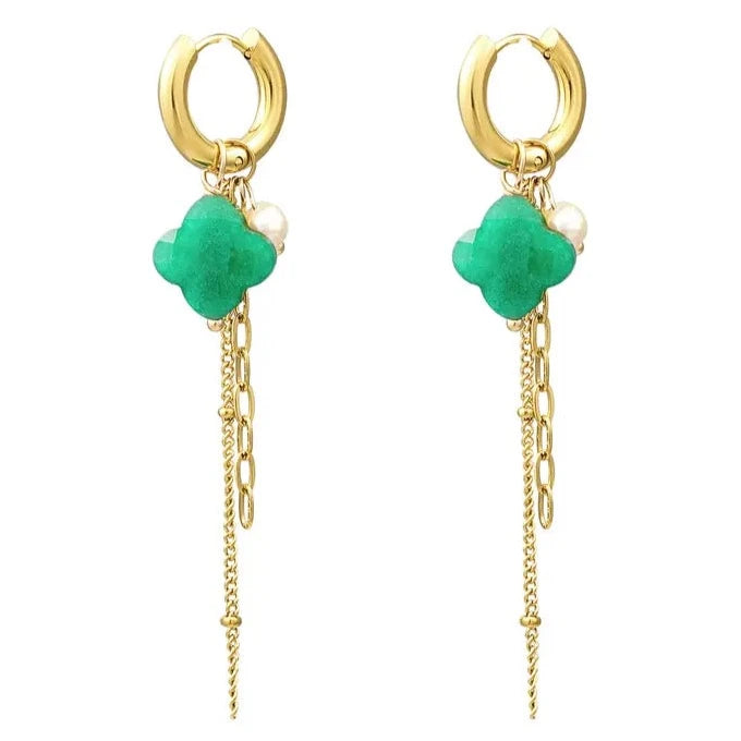 Clover Chain Drop Earrings - Green
