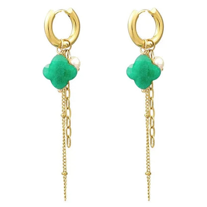 Clover Chain Drop Earrings - Green